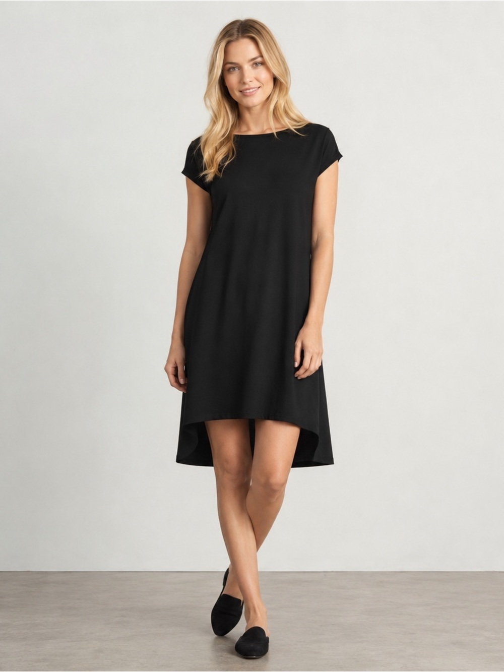 Eileen Fisher Black Tee Dress High Low Hem Minimalist Stretch Size Petite Small